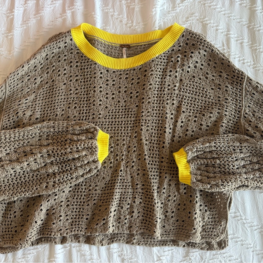 Free People Taupe Knit Sweater with Yellow Trim